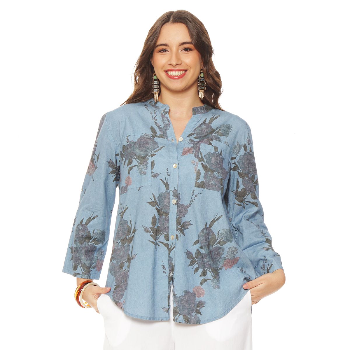 WADOS - BLUSA MANGA LARGA LINO ESTAMPADO ABOTONADA EN DELANTERO CON BOLSILLO