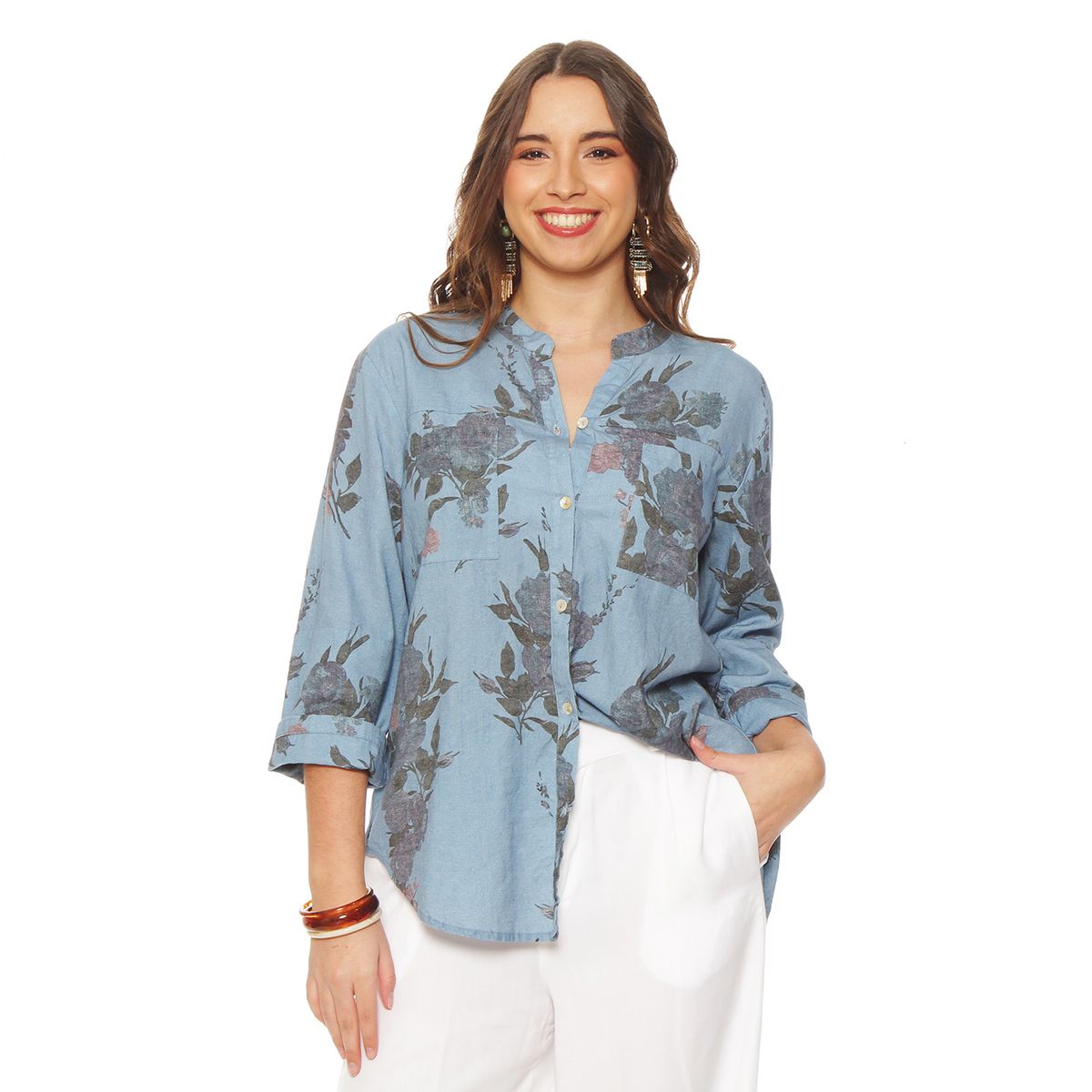 WADOS - BLUSA MANGA LARGA LINO ESTAMPADO ABOTONADA EN DELANTERO CON BOLSILLO