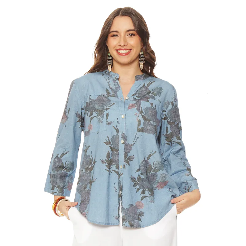 WADOS - BLUSA MANGA LARGA LINO ESTAMPADO ABOTONADA EN DELANTERO CON BOLSILLO