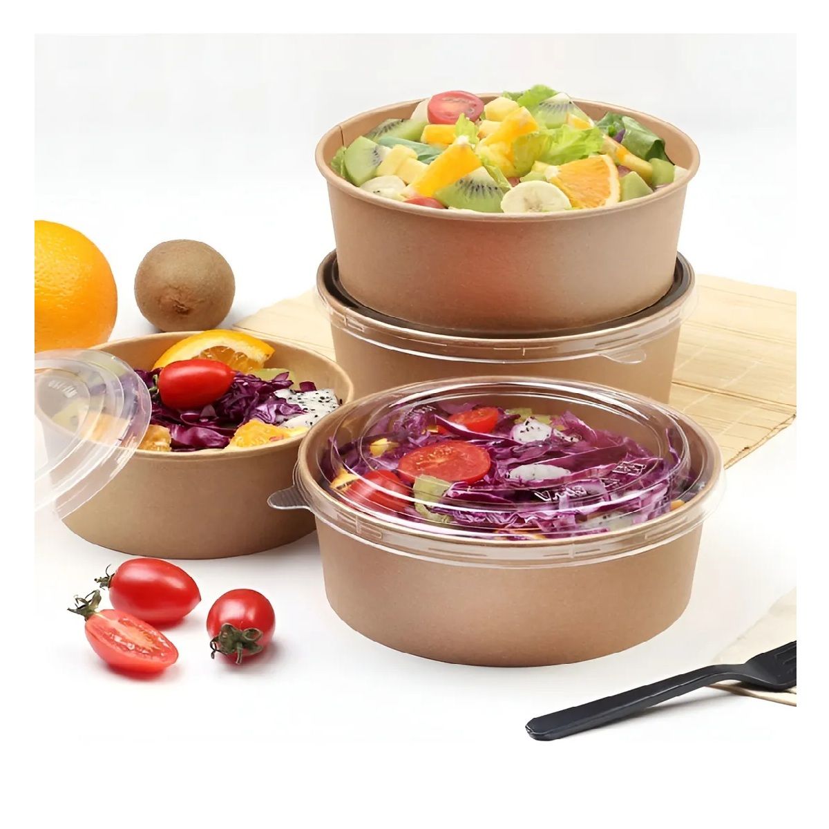PASTELERIUSCL - 100 Bowl Con Tapa Bowl Plastico Polipapel Kraft Envase 500cc Bowl Kraft Bowl Plásticos Desechables