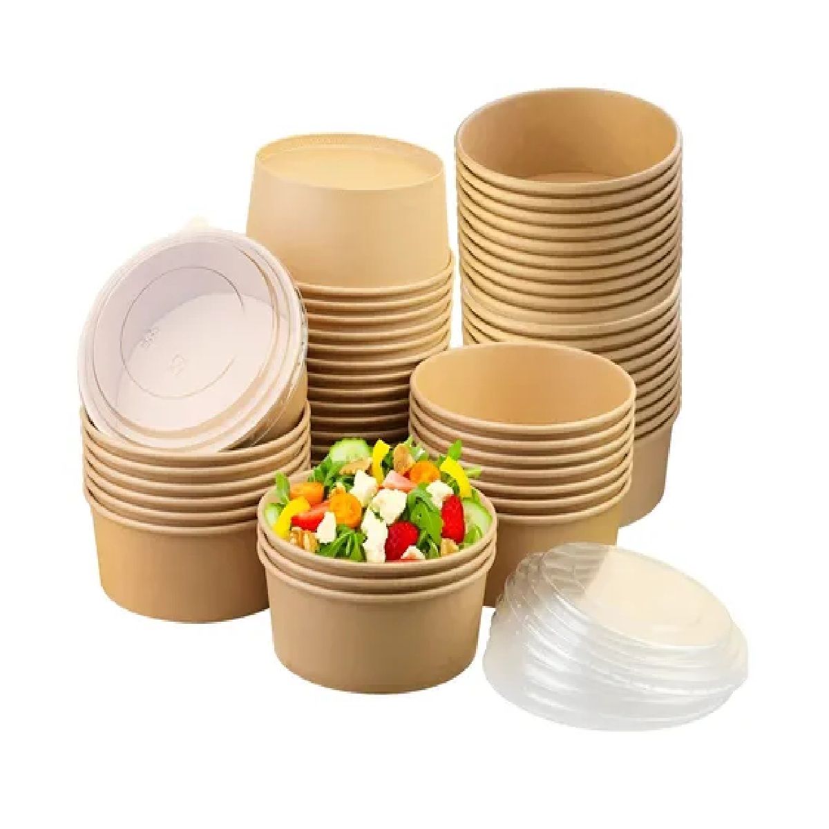 PASTELERIUSCL - 200 Bowl Con Tapa Bowl Plastico Polipapel Kraft Envase 500cc Bowl Kraft Bowl Plásticos Desechables