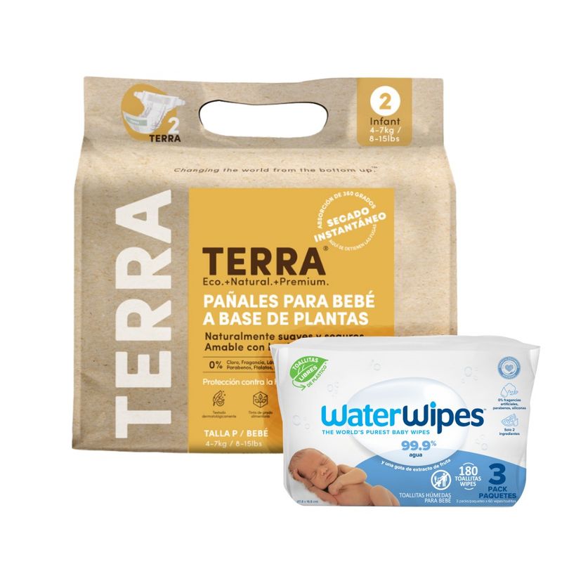 TERRA - Pack Pañales Biodegradables Terra P + Tripack WaterWipes