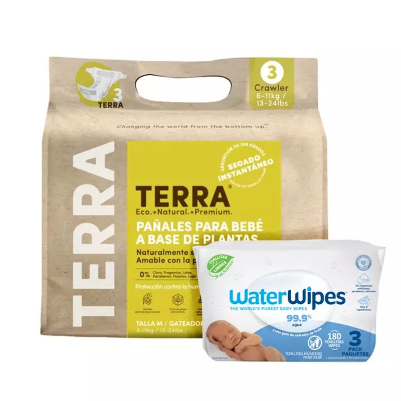 TERRA - Pack Pañales Biodegradables Terra M + Tripack WaterWipes