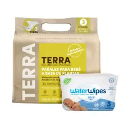 TERRA - Pack Pañales Biodegradables M + Tripack WaterWipes