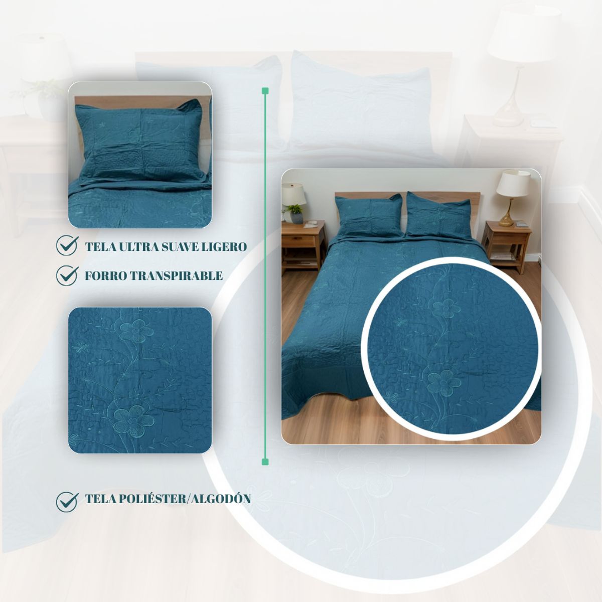 GENERICO - Cubrecama Verano 2 Plazas Quilt De Diseños Bordados