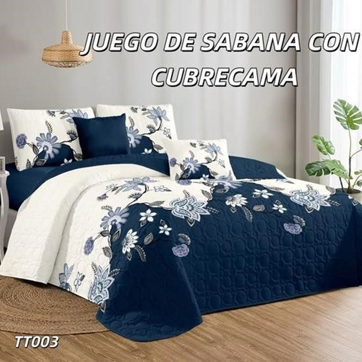 GENERICO - Cobertor de verano tipo Quilt + Juego de Sabanas 1,5 Plaza Blanco Flor
