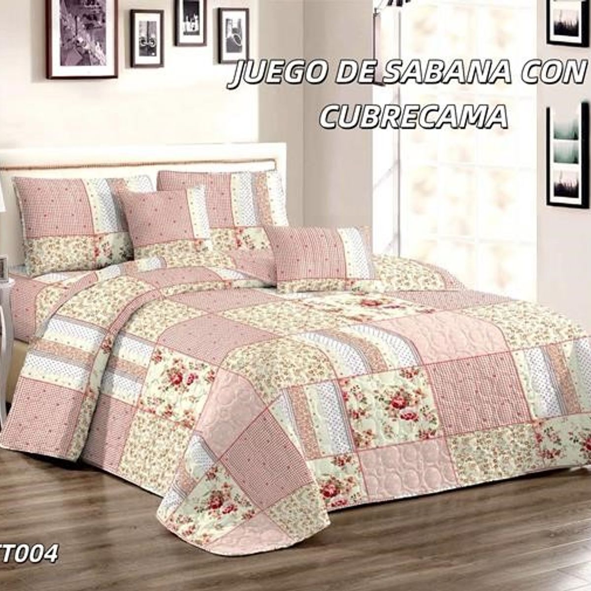 GENERICO - Cobertor de verano tipo Quilt + Juego de Sabanas 1,5 Plaza Flor Coral