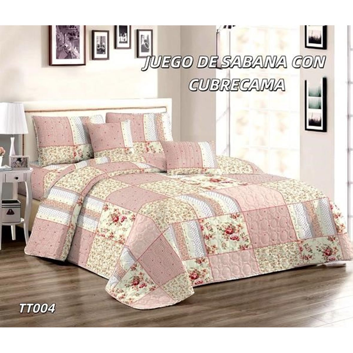 GENERICO - Cobertor de verano tipo Quilt + Juego de Sabanas 1,5 Plaza Flor Coral