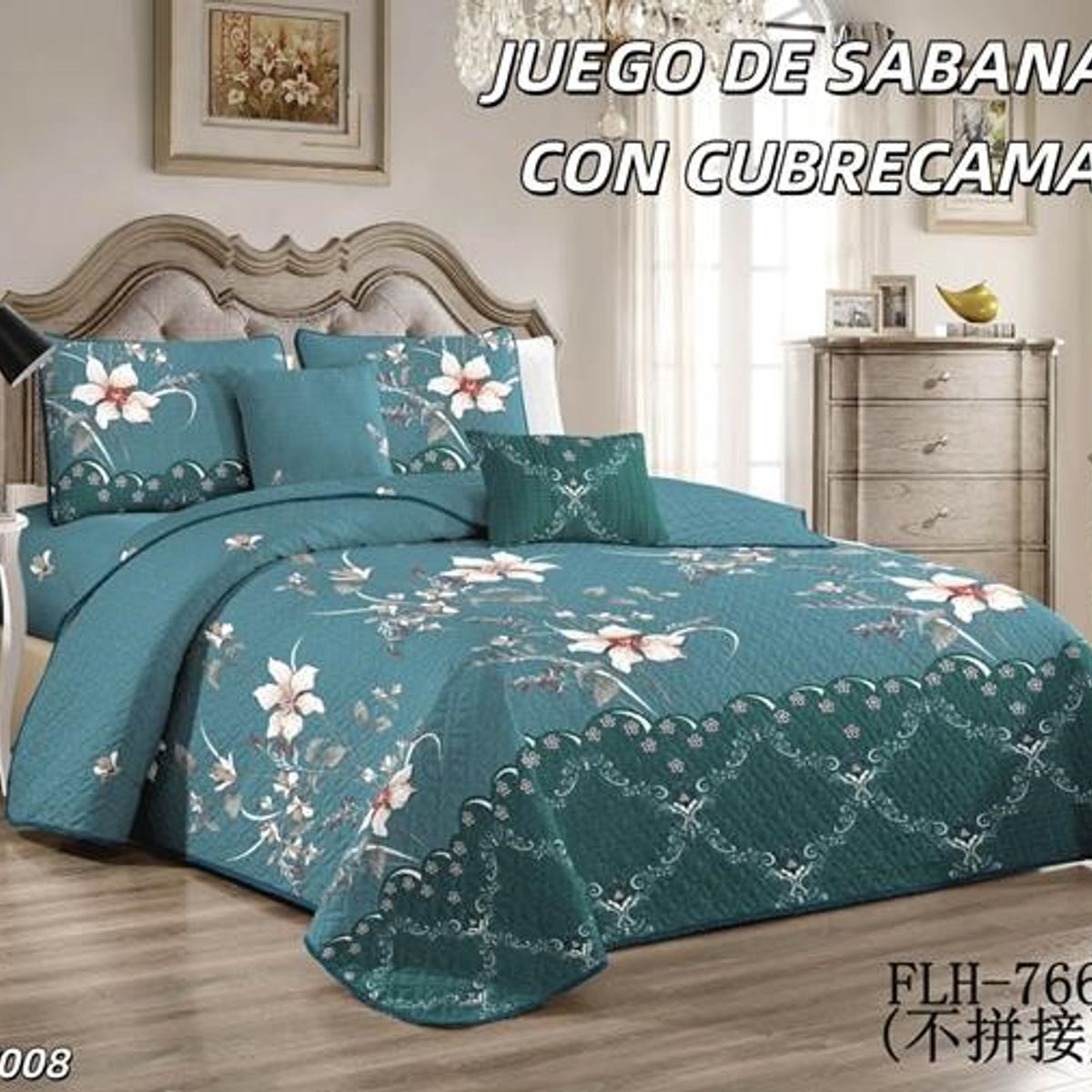 GENERICO - Cobertor de verano Quilt + Juego de Sabanas 1,5 Plaza Turquesa Flor