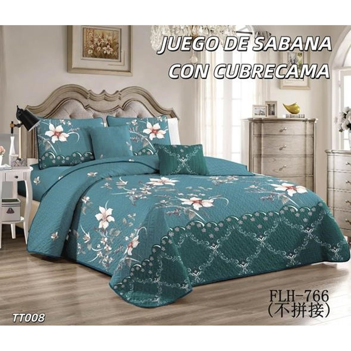 GENERICO - Cobertor de verano Quilt + Juego de Sabanas 1,5 Plaza Turquesa Flor