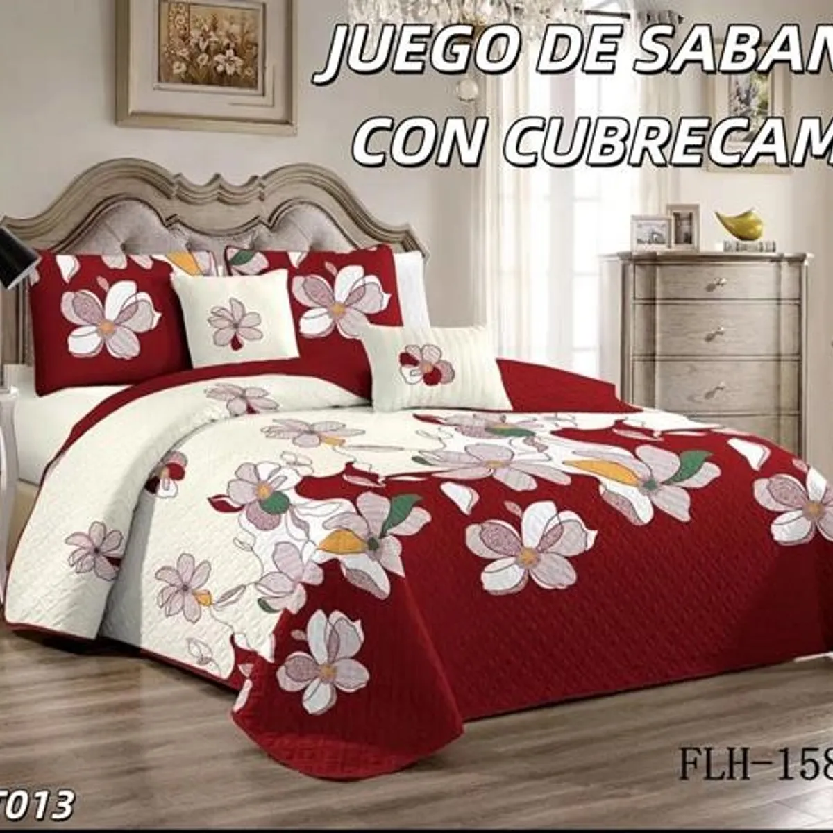 GENERICO - Cobertor de verano Quilt + Juego de Sabanas 1,5 Plaza Burdeo Floreado