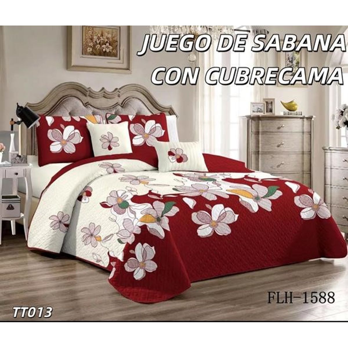 GENERICO - Cobertor de verano Quilt + Juego de Sabanas 1,5 Plaza Burdeo Floreado