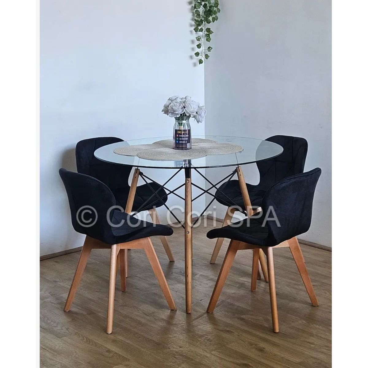 CORI CORI - Juego de Comedor Mesa Eames Vidrio 100cm + 4 Sillas Mariposa Velvet…