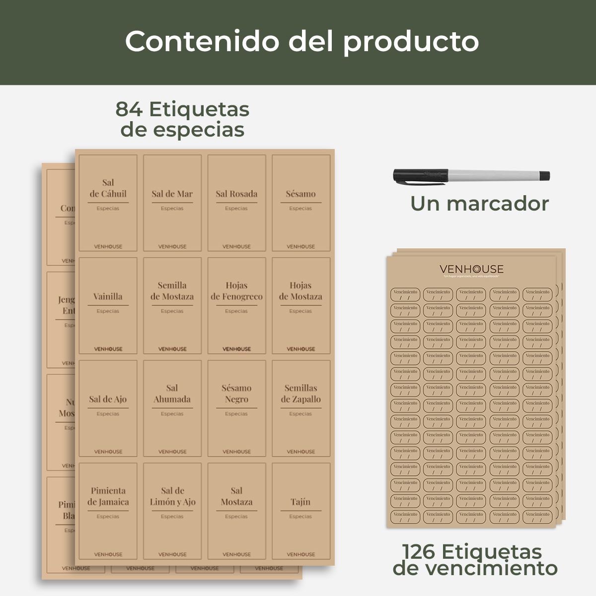 VENHOOUSE - 210 Etiquetas Especieros Impermeables Organización Cocina Beiges