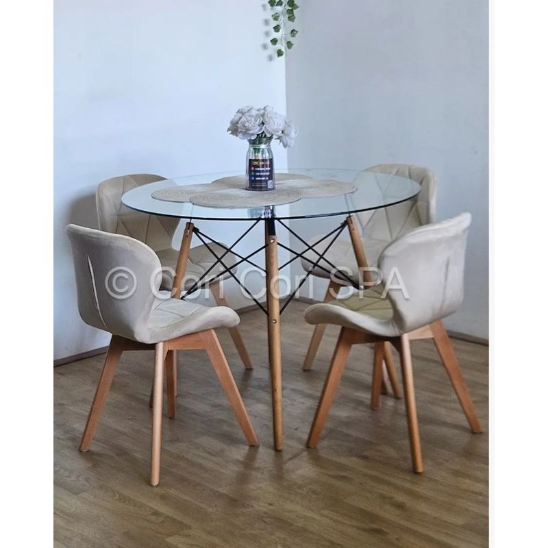CORI CORI - Juego de Comedor Mesa Eames Vidrio 120cm + 4 Sillas Mariposa Velvet