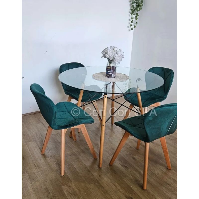 CORI CORI - Juego de Comedor Mesa Eames Vidrio 120cm + 4 Sillas Mariposa Velvet