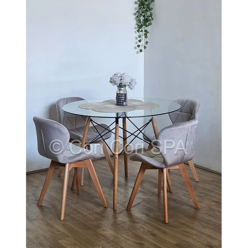 CORI CORI - Juego de Comedor Mesa Eames Vidrio 120cm + 4 Sillas Mariposa Velvet