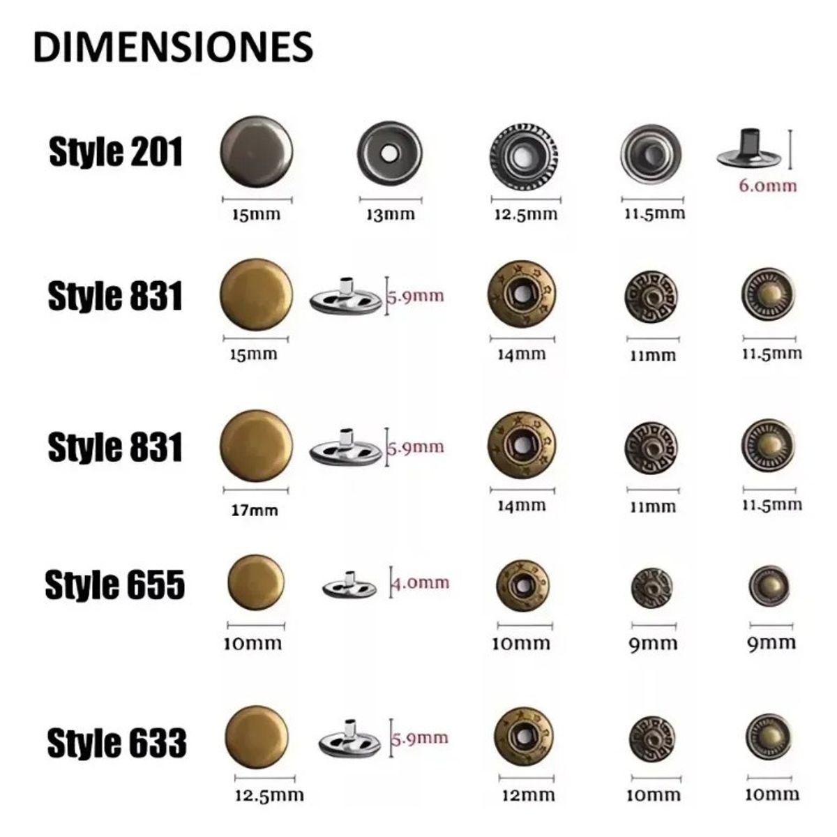 KUANGYE - 100 Botón Metal Broche Remache Presión Snap 10mm A 17mm