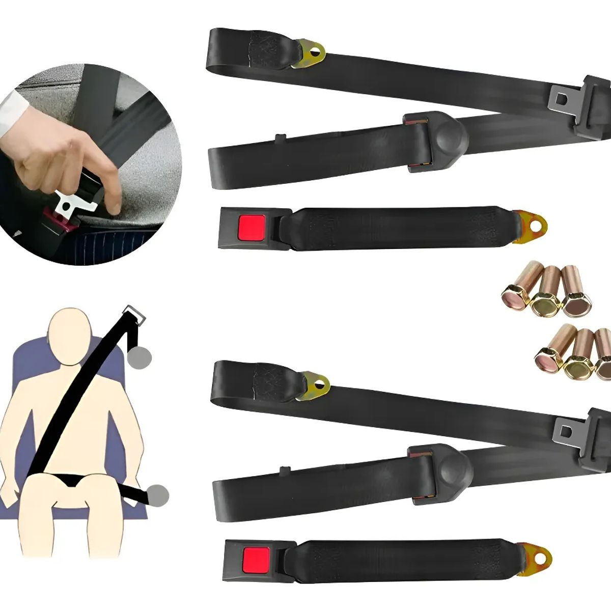 KUANGYE - Pack 2 Cinturones Seguridad Universal 3 Puntas Color Negro