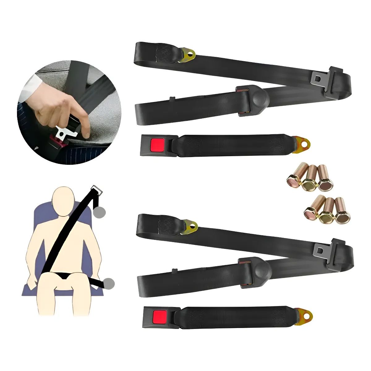 KUANGYE - Pack 2 Cinturones Seguridad Universal 3 Puntas Color Negro
