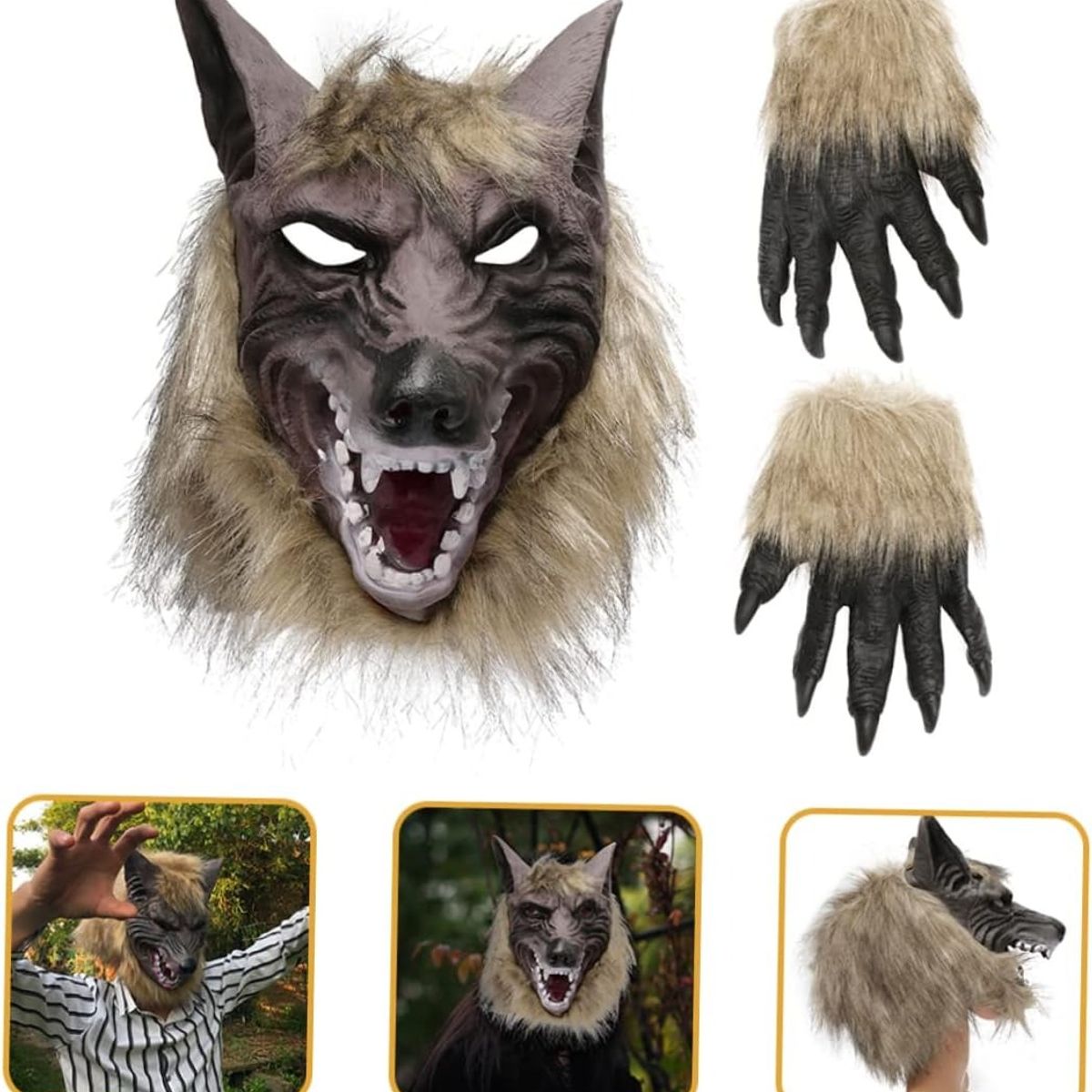 KUANGYE - Halloween Werewolf Costume Wolf Claws Gloves and Head Mask