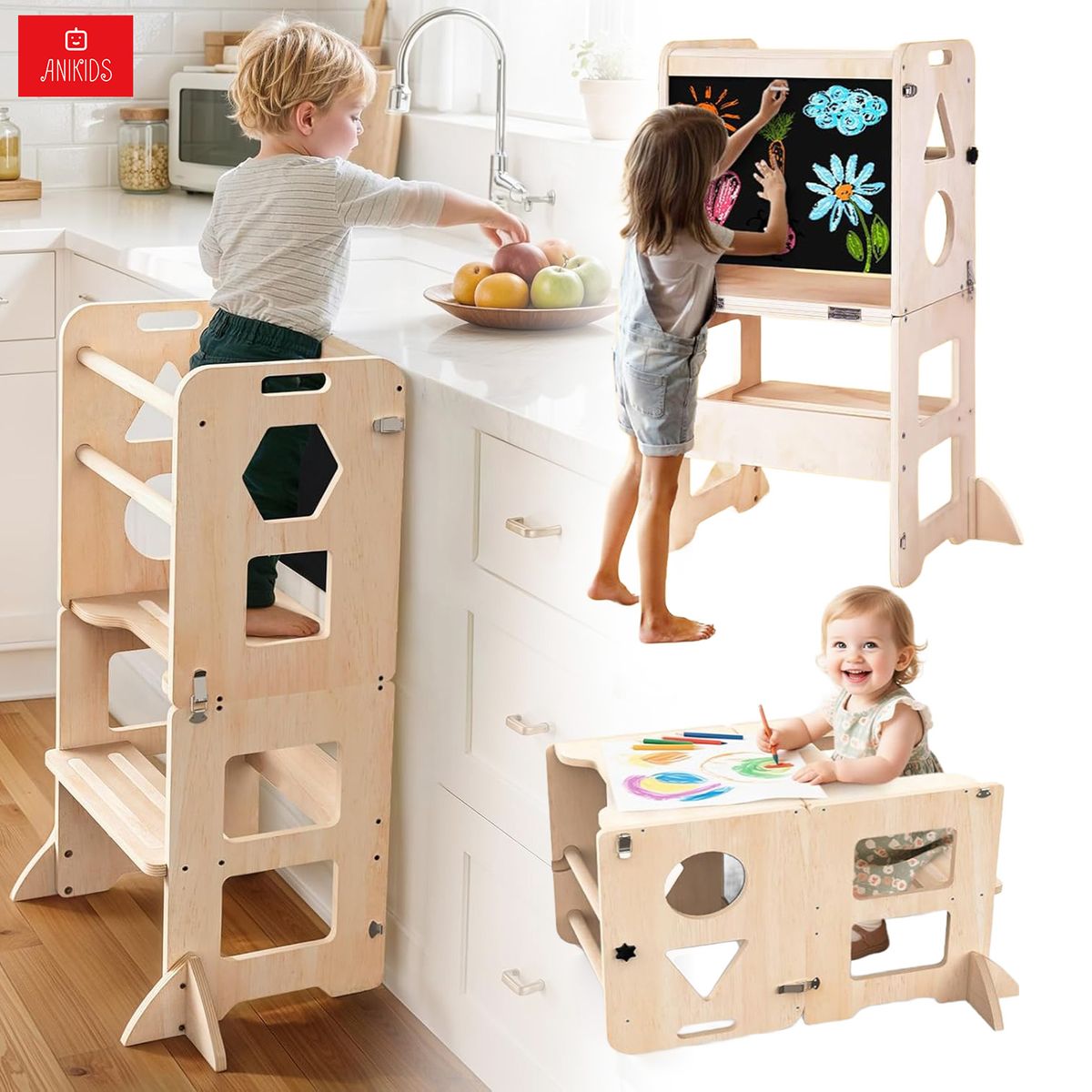 ANIKIDS - Torre De Aprendizaje Montessori 3 En 1 Plegable Con Pizarra
