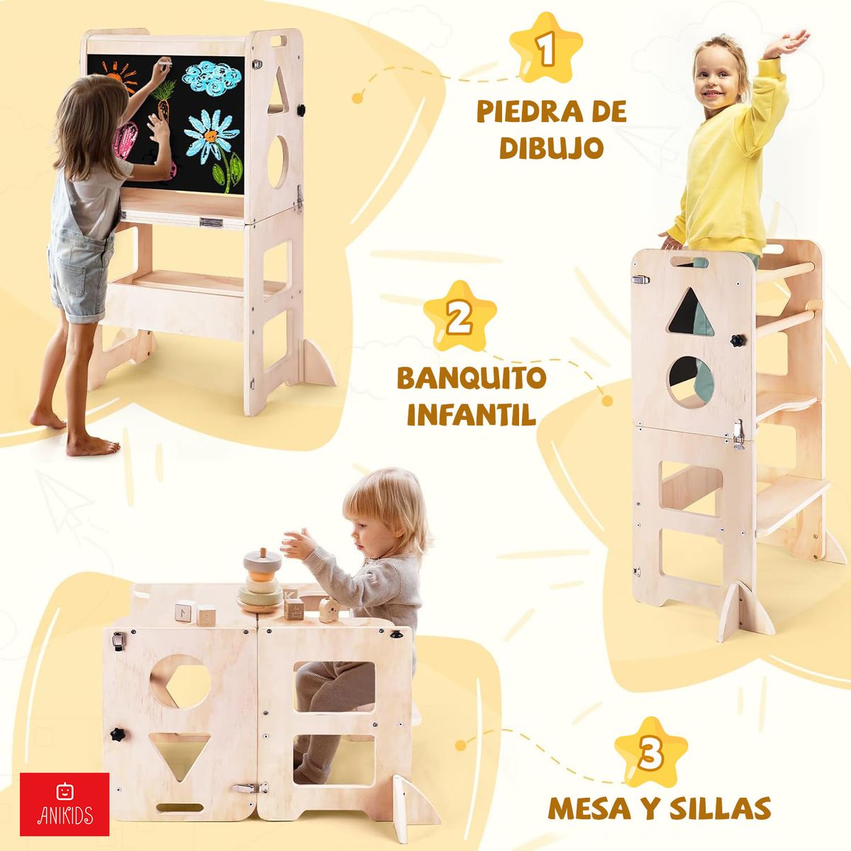 ANIKIDS - Torre De Aprendizaje Montessori 3 En 1 Plegable Con Pizarra