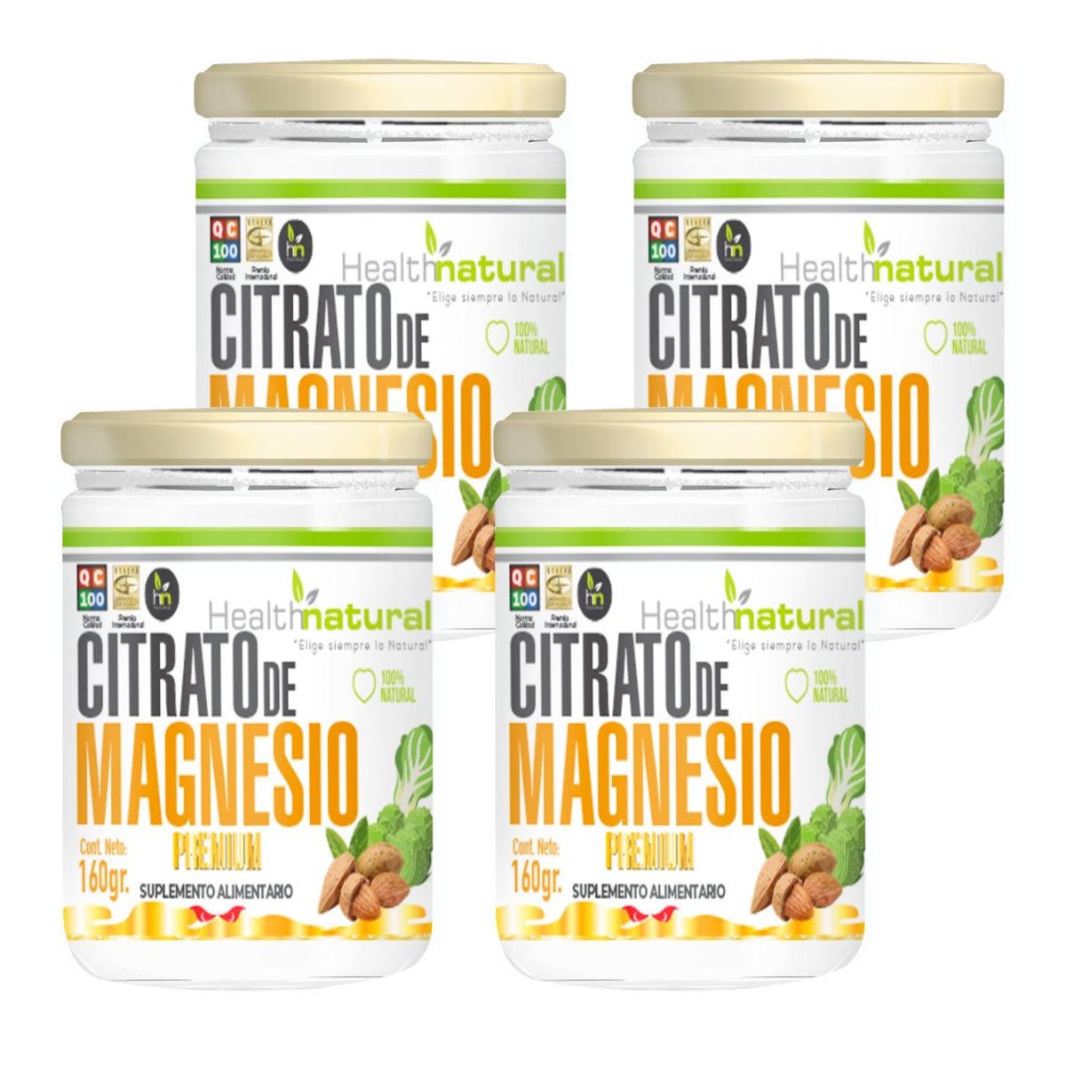 HEALTHNATURAL - Pack 4 Citrato de Magnesio en Polvo 160g Health Natural