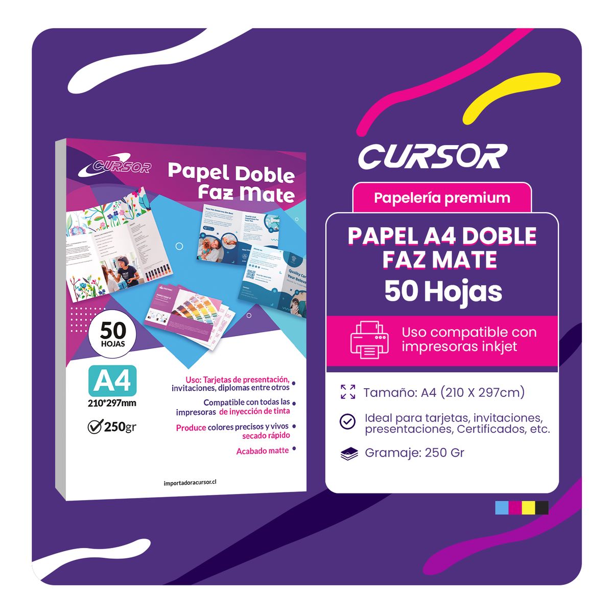 CURSOR - Papel Doble Faz Mate A4 250gr 50Hojas - Blanco