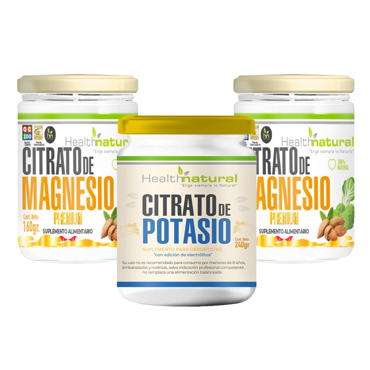 HEALTHNATURAL - Pack 2 Citrato de Magnesio y 1 Citrato de Potasio en polvo