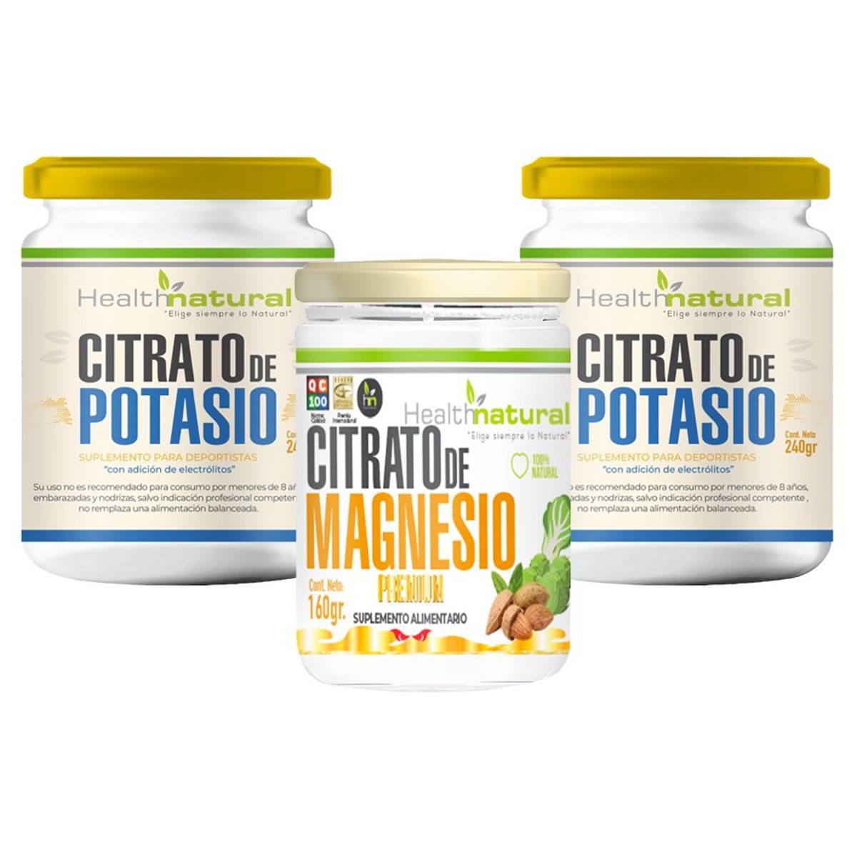 HEALTHNATURAL - Pack 2 Citrato de Potasio y 1 Citrato de Magnesio