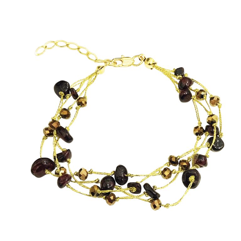 Pulsera Granate 4 Hilos Seda Dorado Enchapado Oro 18K Dorado TALLA UNICA