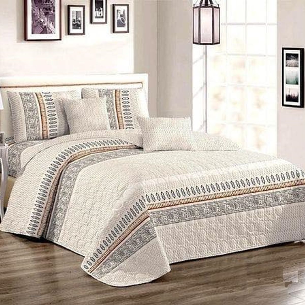 GENERICO - CUBRECAMA KING DE VERANO BEIGE CON DISEÑO GRIEGO GSOL