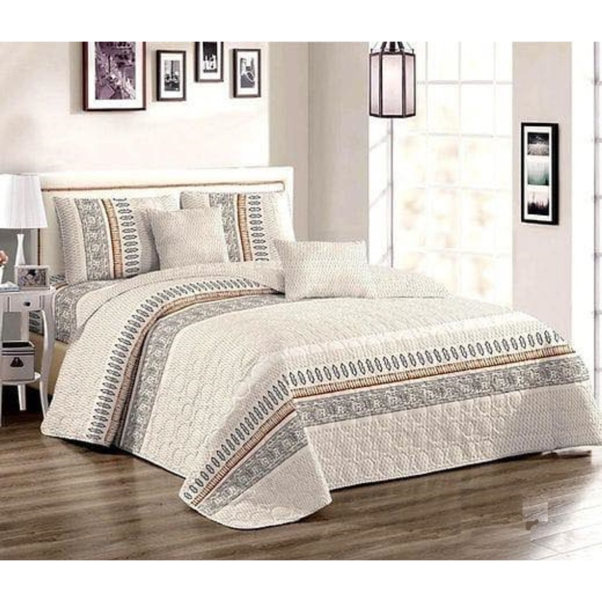 GENERICO - CUBRECAMA KING DE VERANO BEIGE CON DISEÑO GRIEGO GSOL