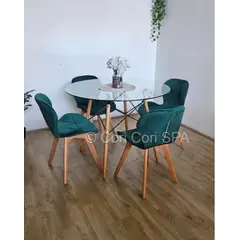 CORI CORI - Juego de Comedor Mesa Eames Vidrio 80cm + 4 Sillas Mariposa Velvet