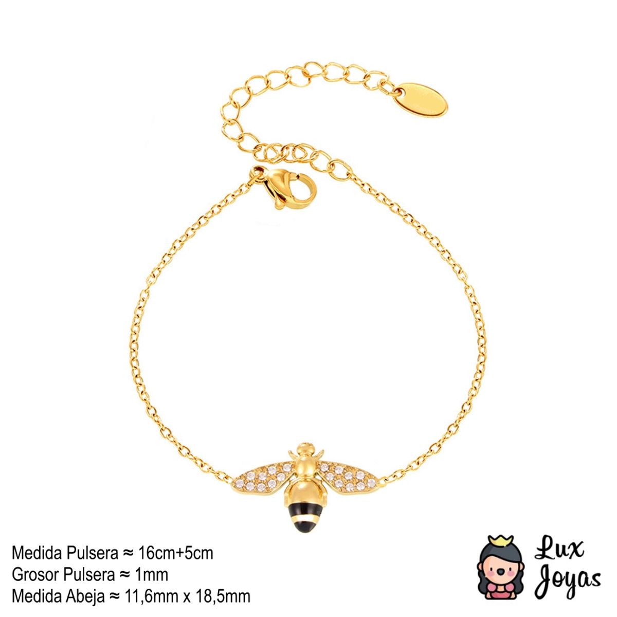 LUX JOYAS - Pulsera Baño Oro Amarillo 18k Abeja Brillitos