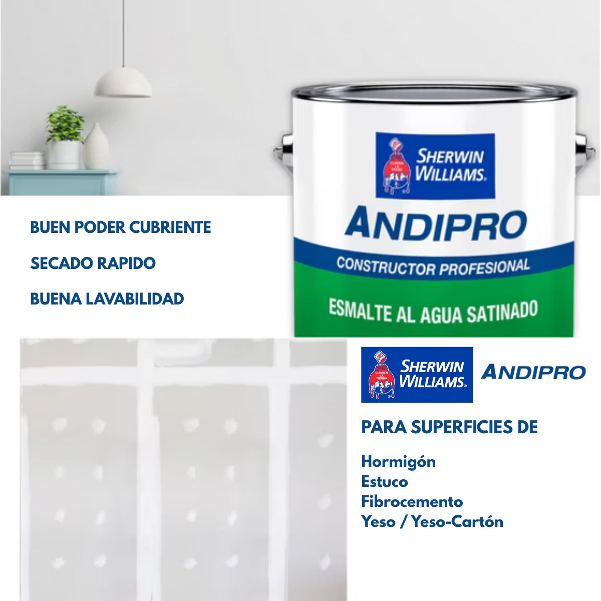SHERWIN WILLIAMS - Esmalte Al Agua Andipro Satinado Blanco 4gl Sherwin Williams