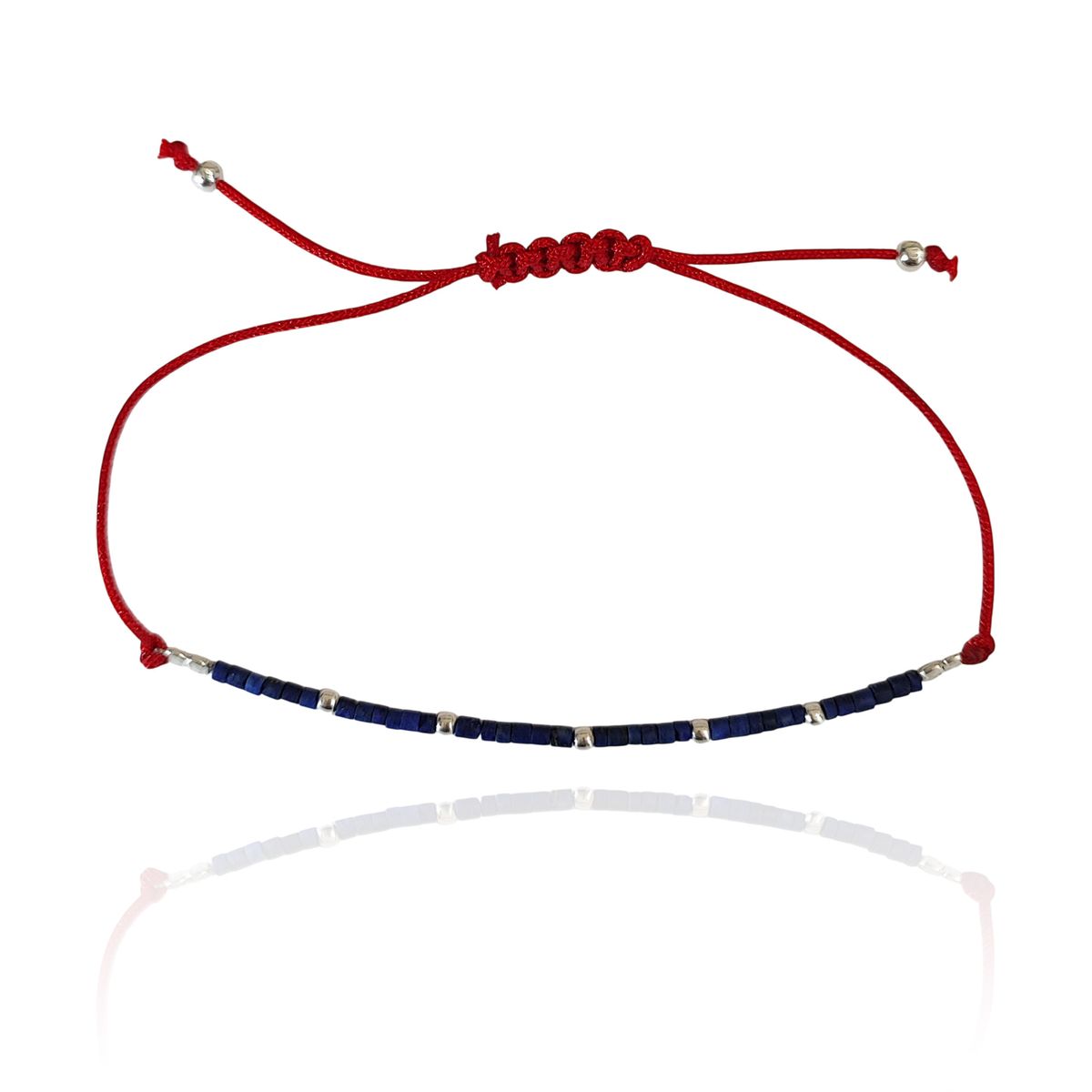 COGGIOLA - Pulsera Mostacilla Lapislázuli Bolas Plata Fina 925 Cordón Rojo