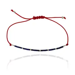 ANDREA COGGIOLA JOYAS - Pulsera Mostacilla Lapislázuli Bolas Plata Fina 925 Cordón Rojo