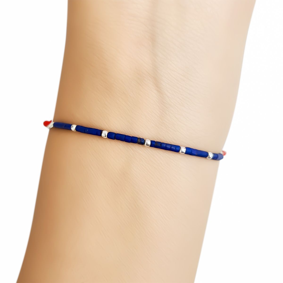 COGGIOLA - Pulsera Mostacilla Lapislázuli Bolas Plata Fina 925 Cordón Rojo