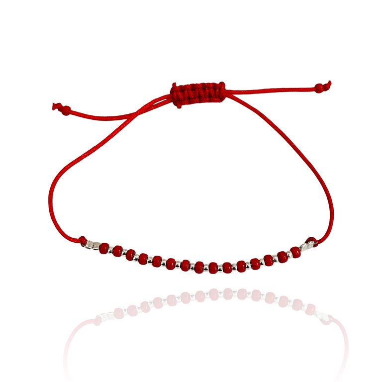Pulsera Miyuki Rocailles Roja Bola Plata Fina 925 Cordon Rojo Rojo TALLA UNICA