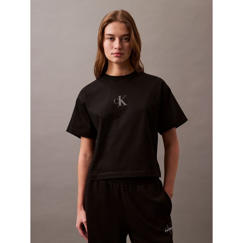 CALVIN KLEIN - Polera Cropped con Monograma Negro Calvin Klein