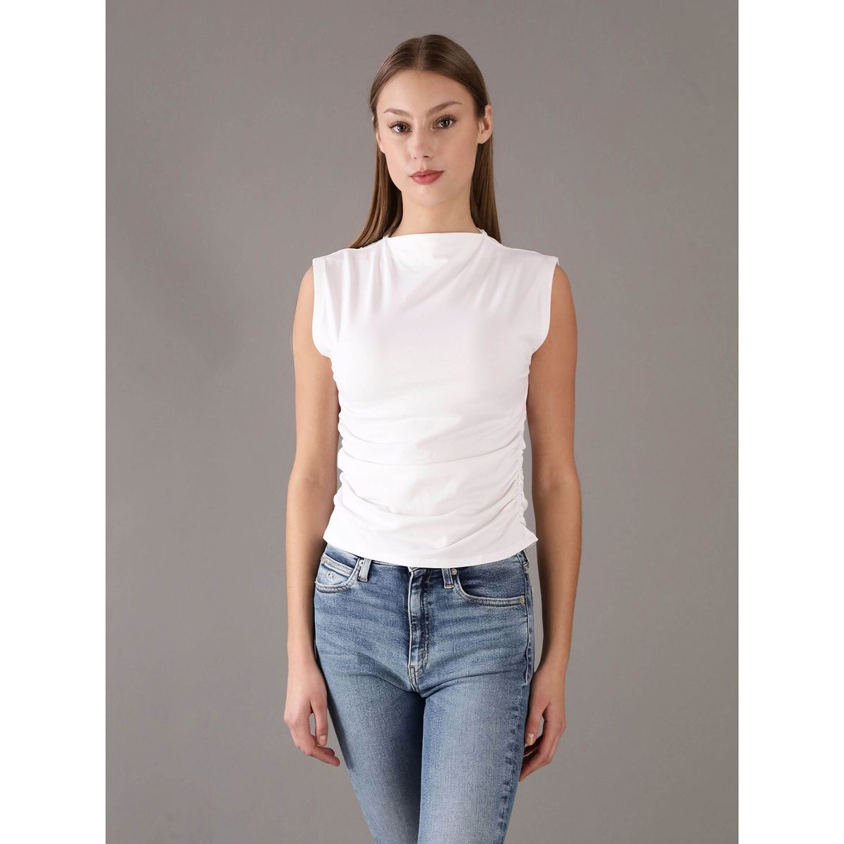 CALVIN KLEIN - Blusa sin Mangas con Cuello Alto Blanco Calvin Klein