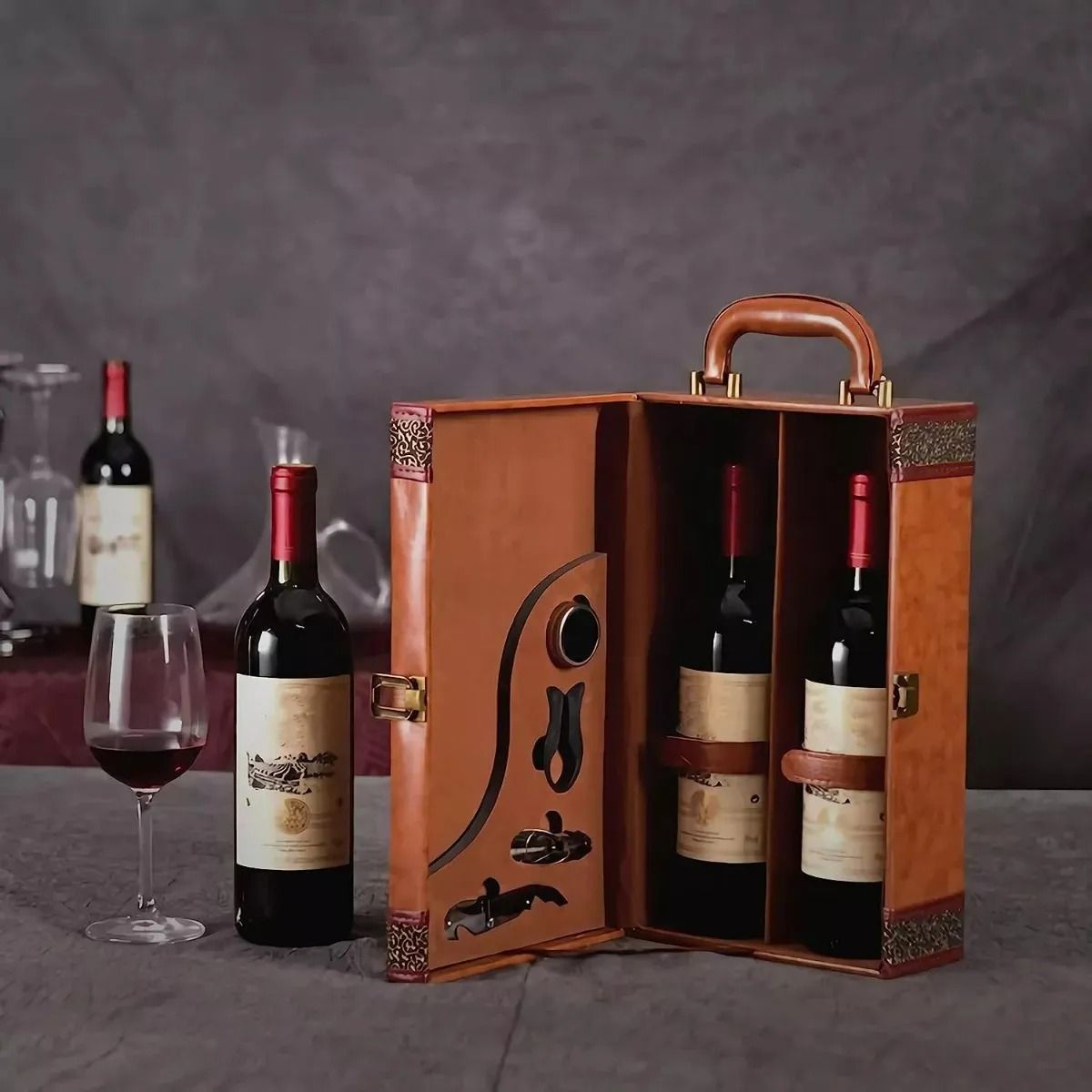 GENERICO - Caja Para Vinos Maleta De Cuero Regalo Con Accesorios