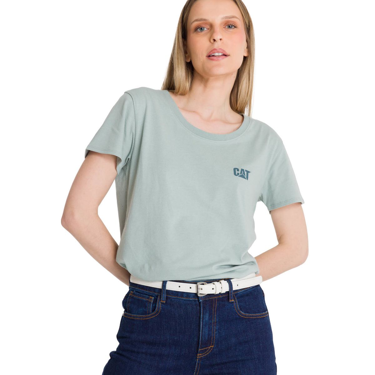 CAT - Polera Manga Corta Mujer Logo Celeste CAT