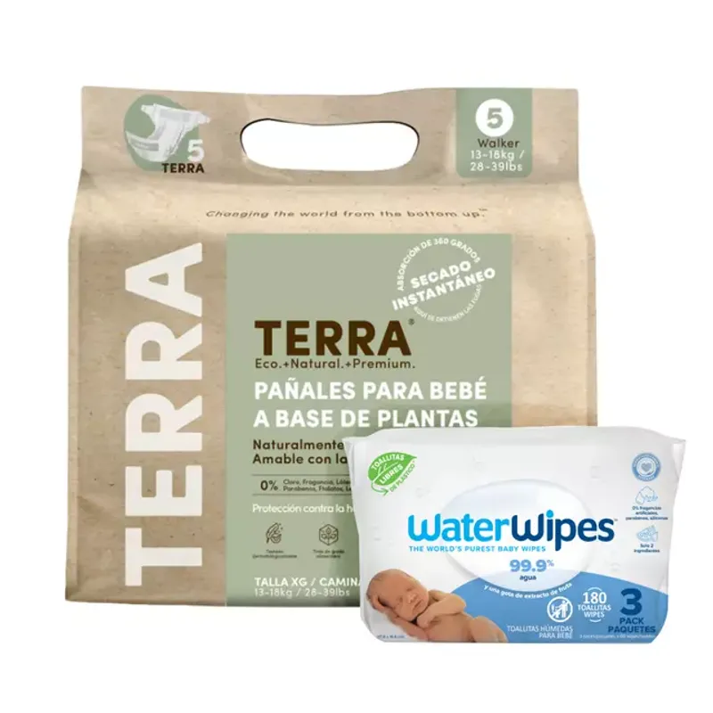 TERRA - Pack Pañales Biodegradables Terra XG + Tripack WaterWipes
