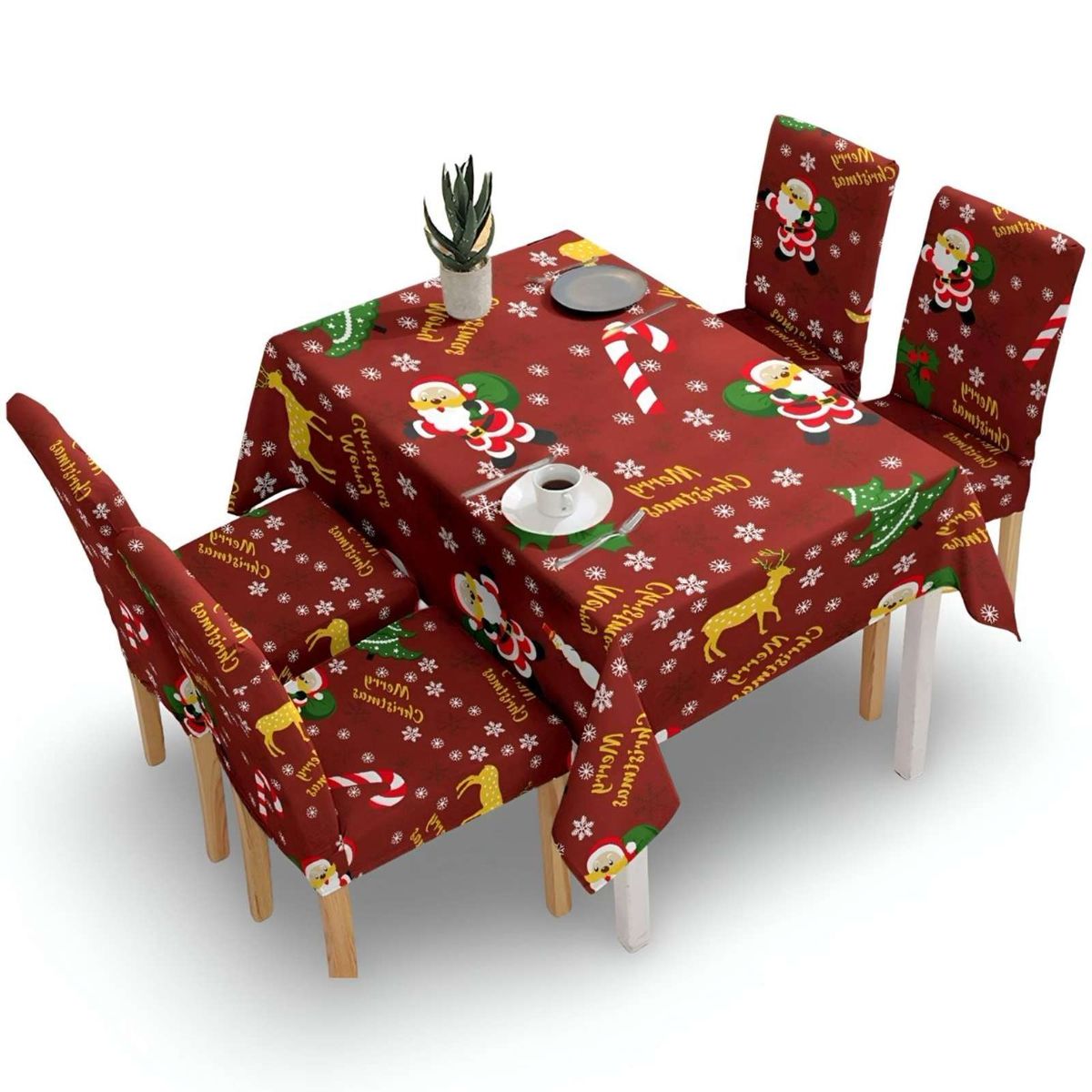 GENERICO - Juego Mantel más 6 fundas de sillas antimanchas navideño 140x220 cm 04