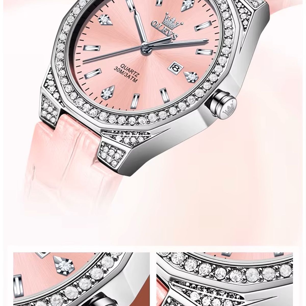 GENERICO - Reloj de Cuarzo Diseño Lujo Correa de Cuero Rosa Esfera de Cristales
