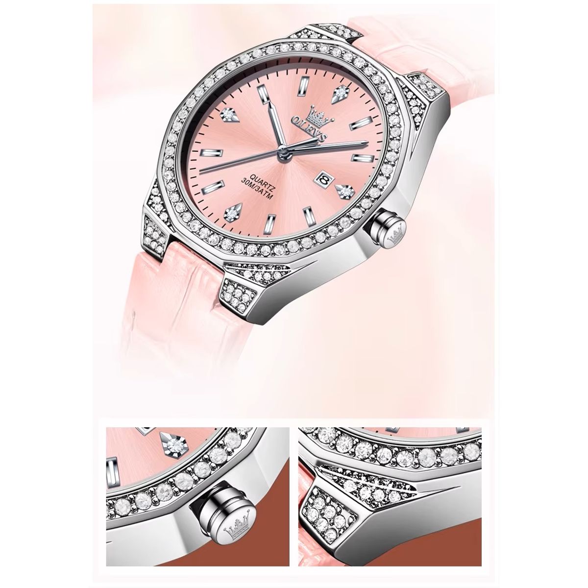 GENERICO - Reloj de Cuarzo Diseño Lujo Correa de Cuero Rosa Esfera de Cristales