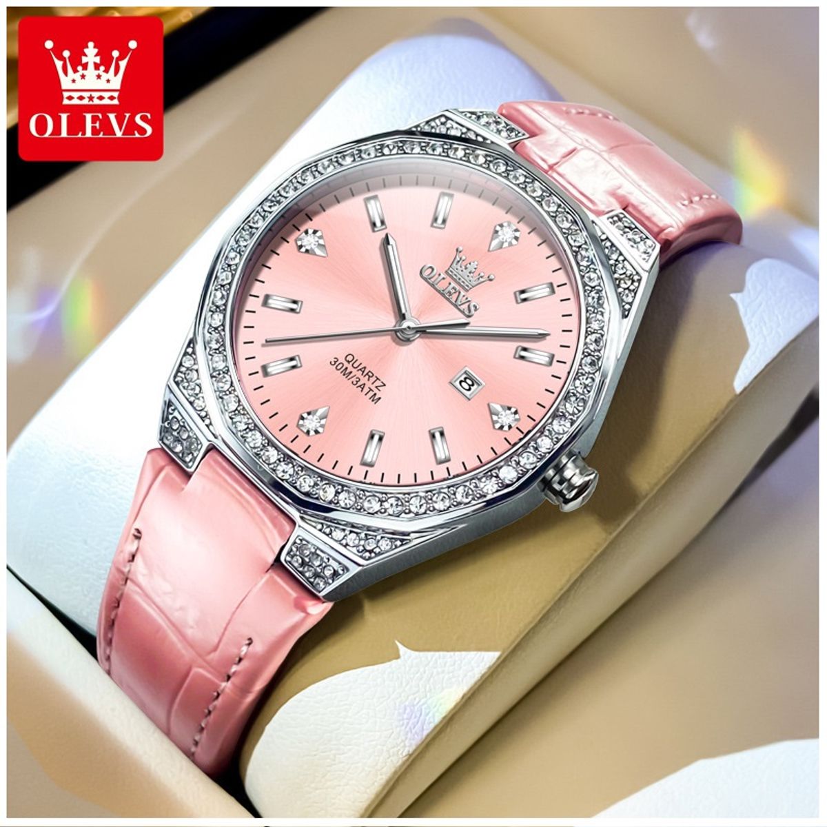 GENERICO - Reloj de Cuarzo Diseño Lujo Correa de Cuero Rosa Esfera de Cristales